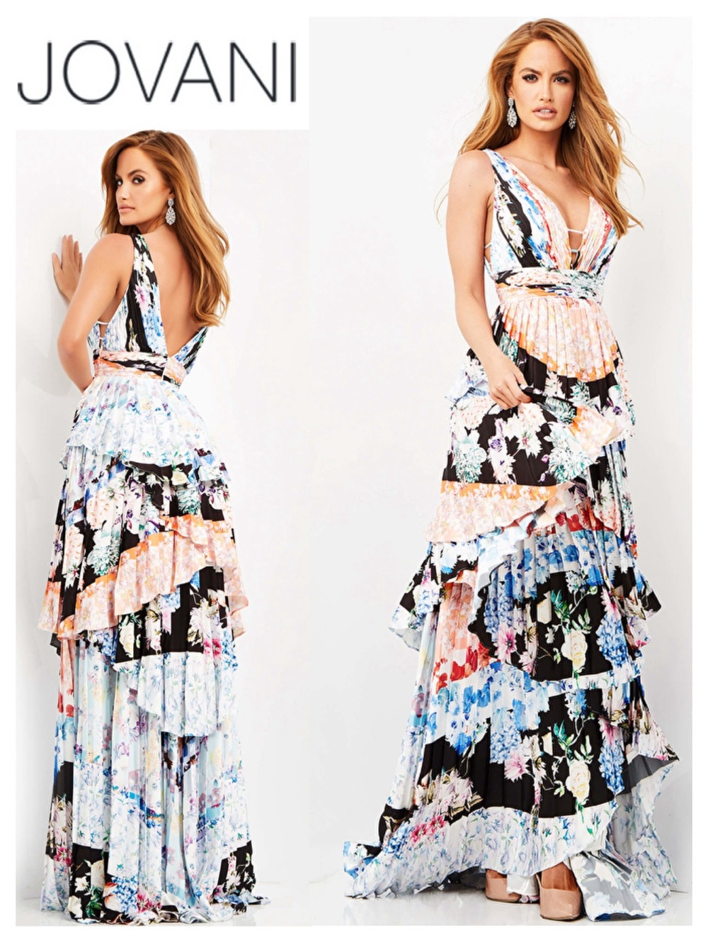 JOVANI Pleated V-Neck Tiered A-Line Gown